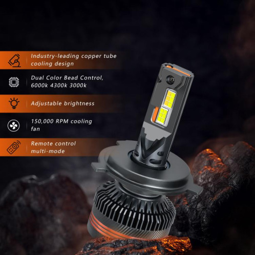 Ampoule LED pour phare de voiture H4, 60 W, 8 000 lm, 6 000 K, trois couleurs, avec télécommande, lot de 2 SH0404878-09